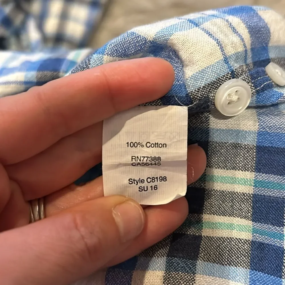 Jcrew men’s white, blue and teal plaid‎ long sleeve cotton button down